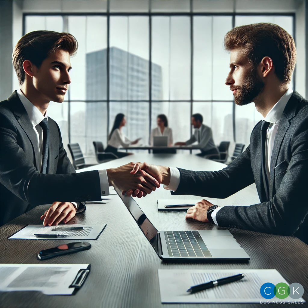 Business negotiation between professionals, symbolizing CGK Business Sales’ expertise in securing high-value deals for business owners.